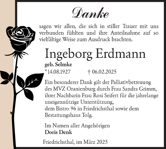 Traueranzeige von Ingeborg Erdmann von Märkische Oderzeitung