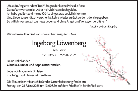 Traueranzeige von Ingeborg Löwenberg von Märkische Oderzeitung