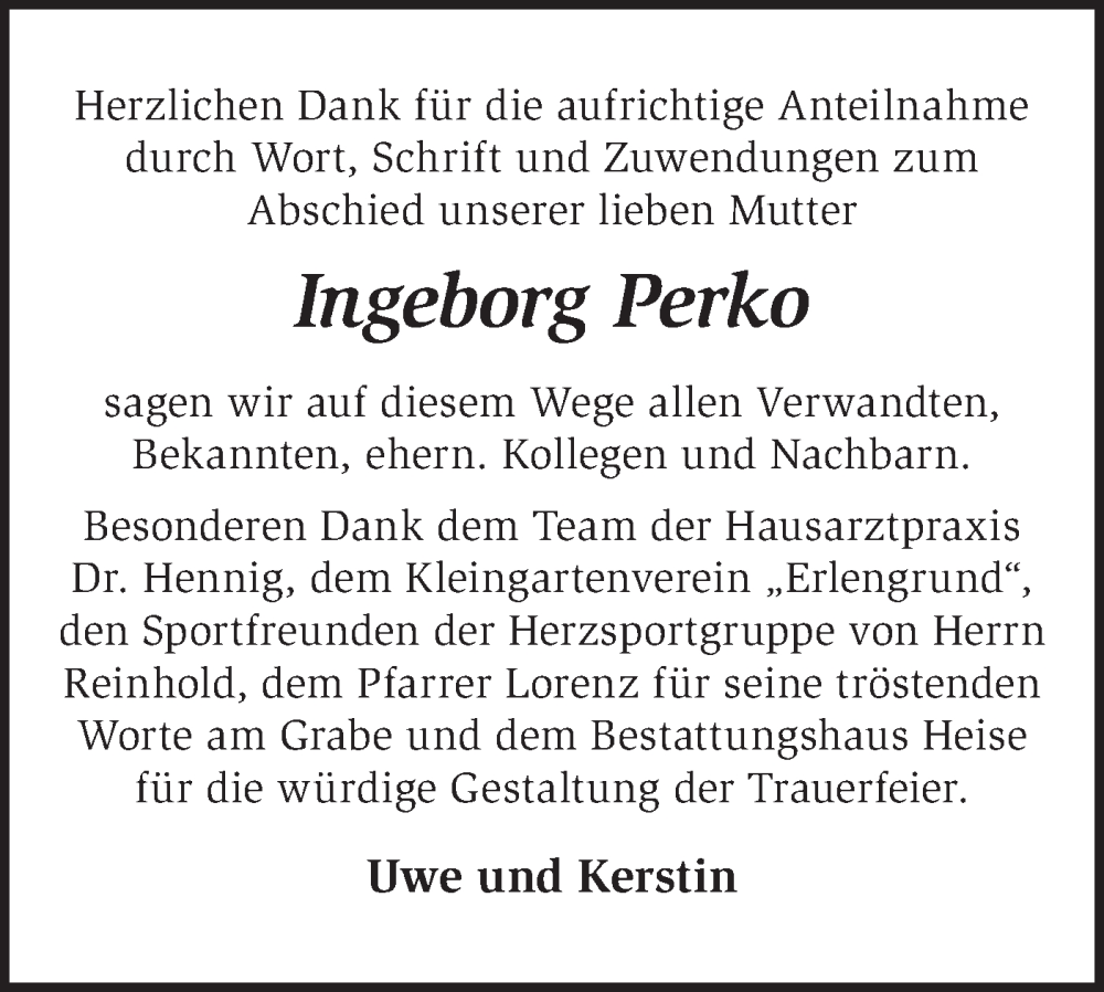  Traueranzeige für Ingeborg Perko vom 15.03.2025 aus Märkische Oderzeitung
