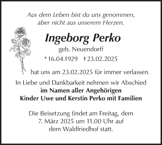 Traueranzeige von Ingeborg Perko von Märkische Oderzeitung