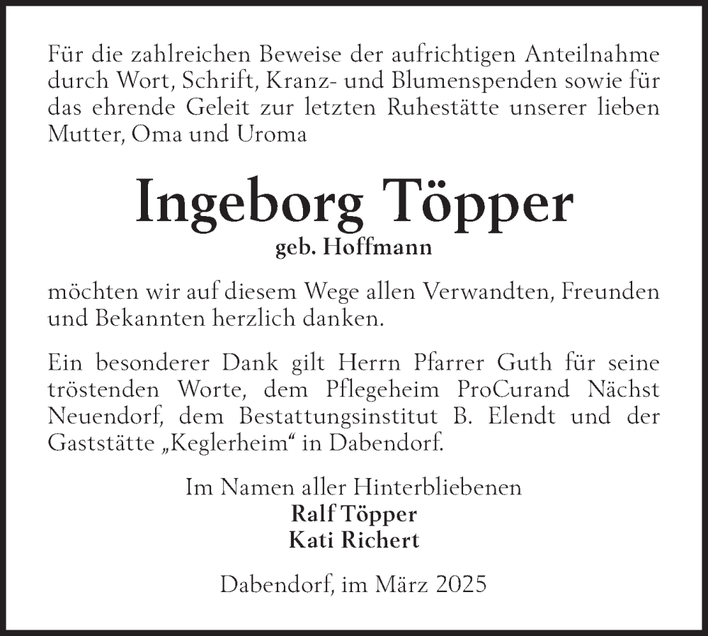  Traueranzeige für Ingeborg Töpper vom 29.03.2025 aus Märkische Oderzeitung