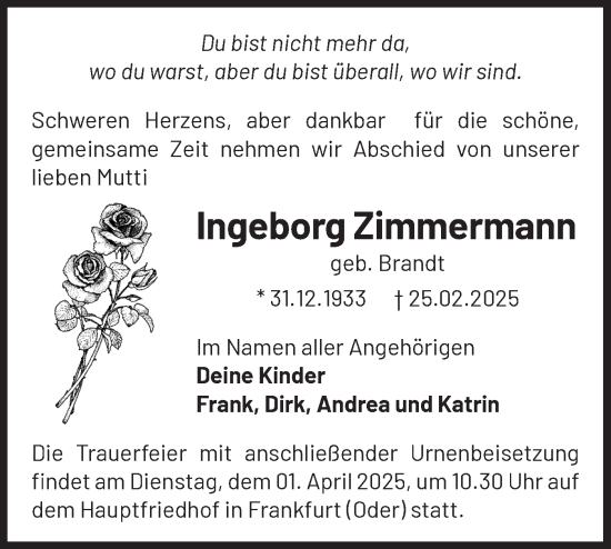 Traueranzeige von Ingeborg Zimmermann von Märkische Oderzeitung