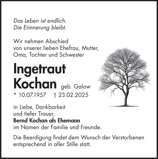 Traueranzeige von Ingetraut Kochan von Märkische Oderzeitung