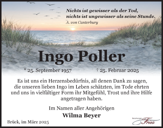 Traueranzeige von Ingo Poller von Märkische Oderzeitung