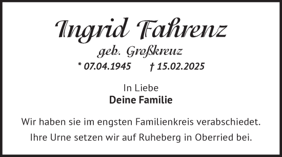 Traueranzeige von Ingrid Fahrenz von Märkische Oderzeitung
