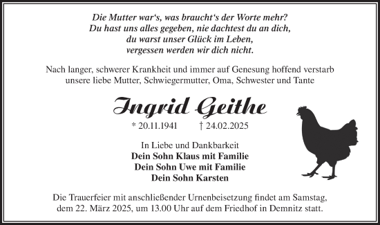 Traueranzeige von Ingrid Geithe von Märkische Oderzeitung
