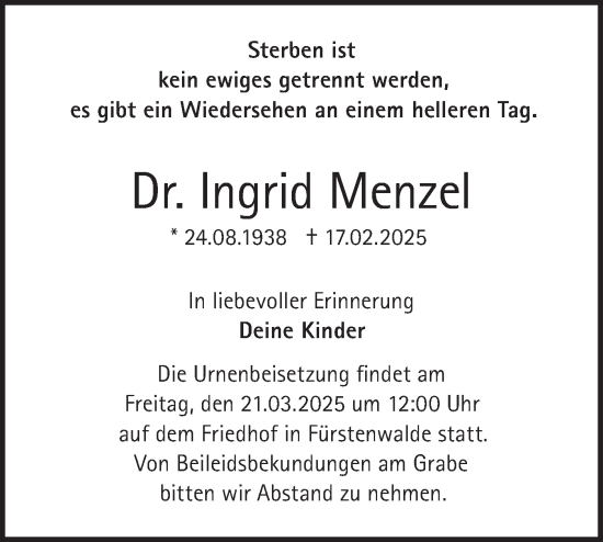 Traueranzeige von Ingrid Menzel von Märkische Oderzeitung