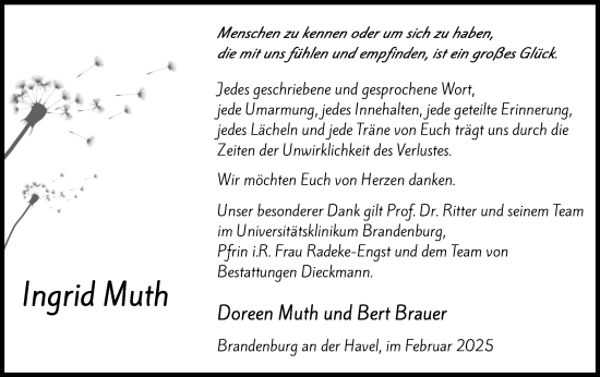 Traueranzeige von Ingrid Muth von Märkische Oderzeitung
