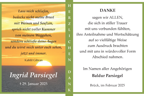 Traueranzeige von Ingrid Parsiegel von Märkische Oderzeitung