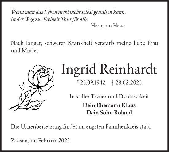 Traueranzeige von Ingrid Reinhardt von Märkische Oderzeitung