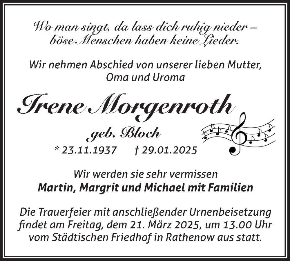  Traueranzeige für Irene Morgenroth vom 08.03.2025 aus Märkische Oderzeitung