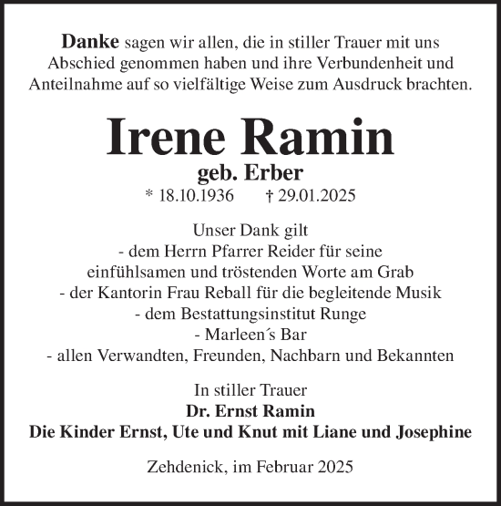 Traueranzeige von Irene Ramin von Märkische Oderzeitung