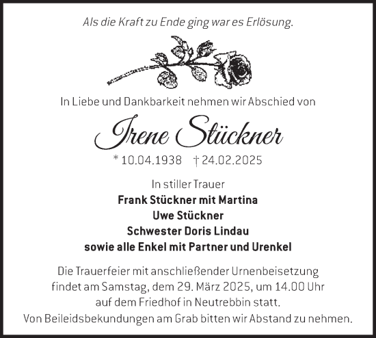 Traueranzeige von Irene Stückner von Märkische Oderzeitung