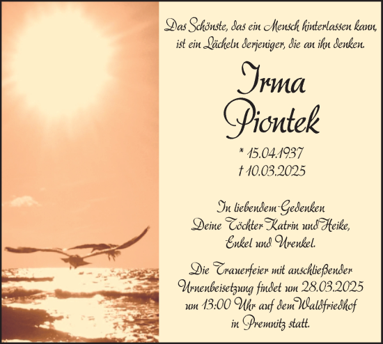 Traueranzeige von Irma Piontek von Märkische Oderzeitung