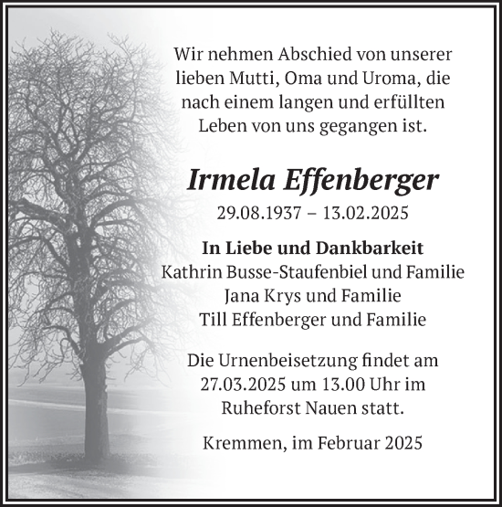 Traueranzeige von Irmela Effenberger von Märkische Oderzeitung