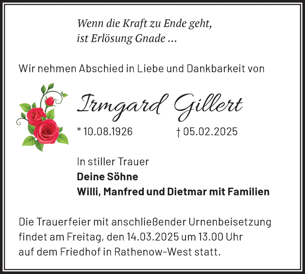  Traueranzeige für Irmgard Gillert vom 01.03.2025 aus Märkische Oderzeitung