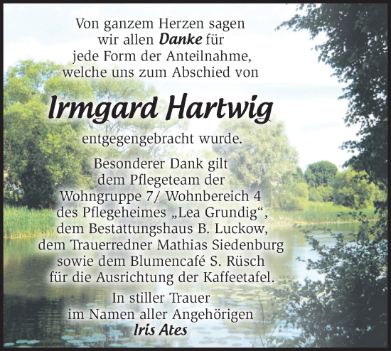 Traueranzeige von Irmgard Hartwig von Märkische Oderzeitung