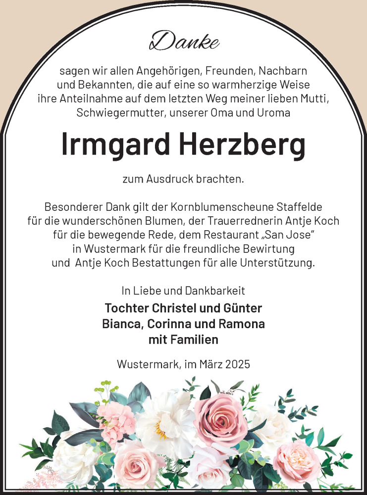 Traueranzeige für Irmgard Herzberg vom 29.03.2025 aus Märkische Oderzeitung