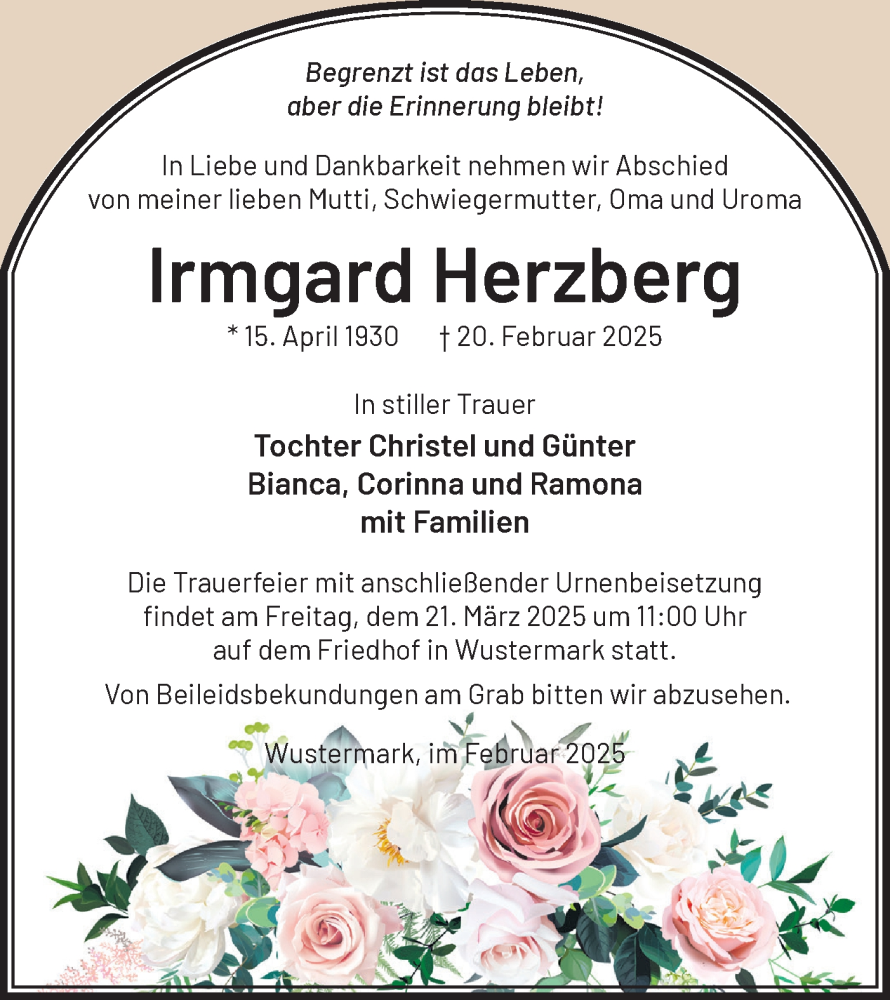  Traueranzeige für Irmgard Herzberg vom 08.03.2025 aus Märkische Oderzeitung