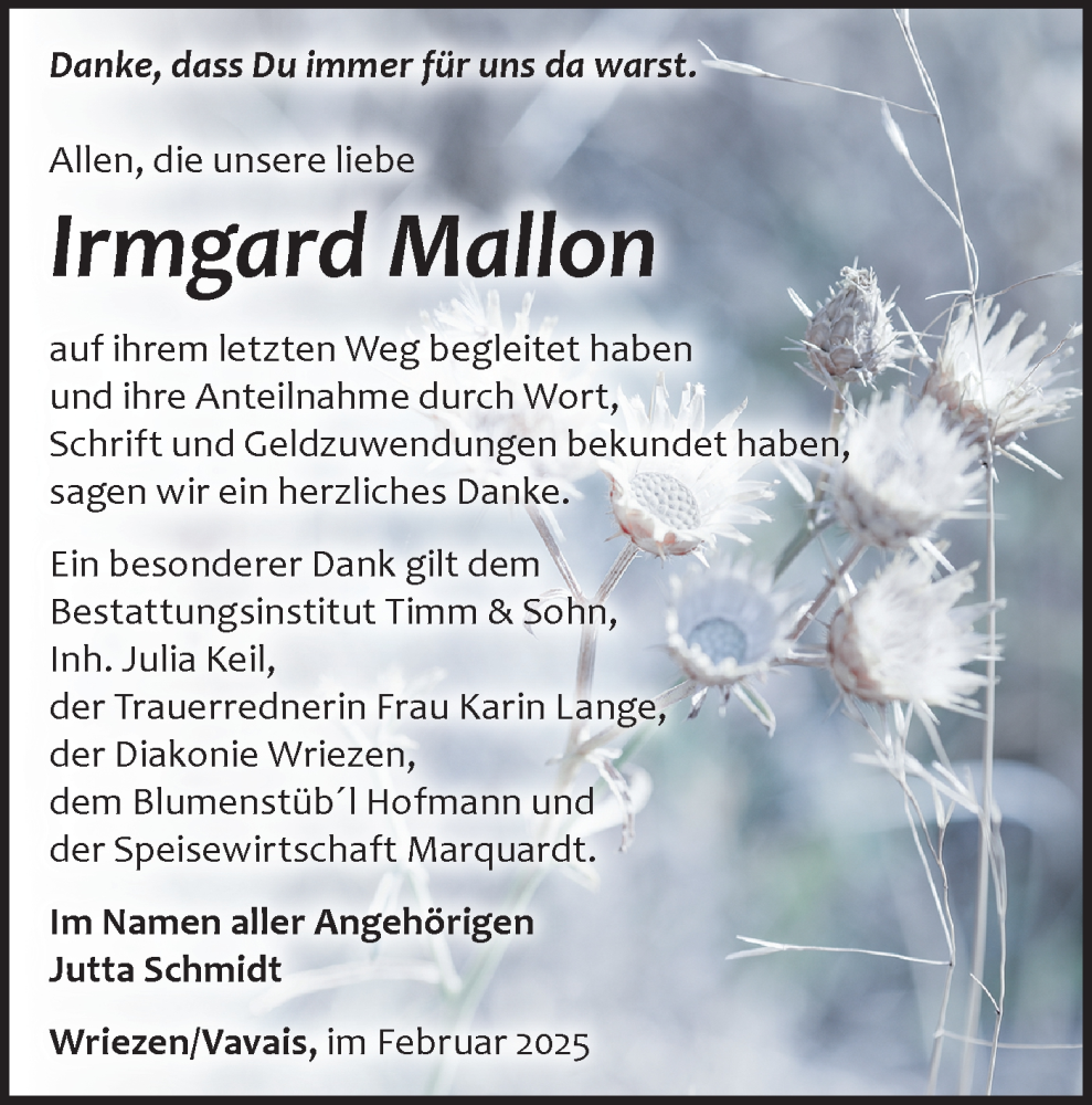  Traueranzeige für Irmgard Mallon vom 08.03.2025 aus Märkische Oderzeitung