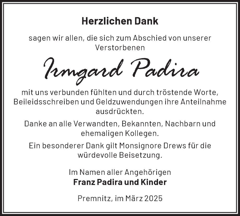  Traueranzeige für Irmgard Padira vom 08.03.2025 aus Märkische Oderzeitung