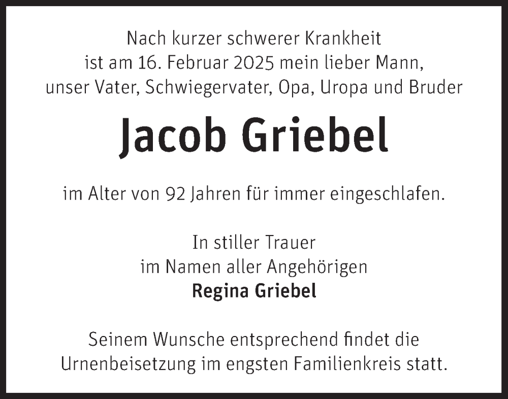  Traueranzeige für Jacob Griebel vom 01.03.2025 aus Märkische Oderzeitung
