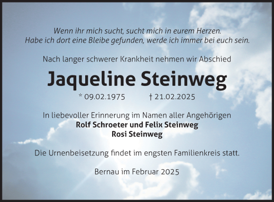 Traueranzeige von Jaqueline Steinweg von Märkische Oderzeitung