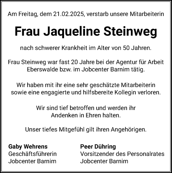 Traueranzeige von Jaqueline Steinweg von Märkische Oderzeitung