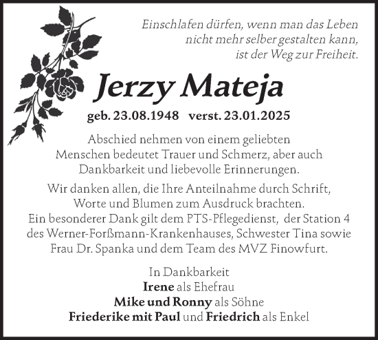 Traueranzeige von Jerzy Mateja von Märkische Oderzeitung