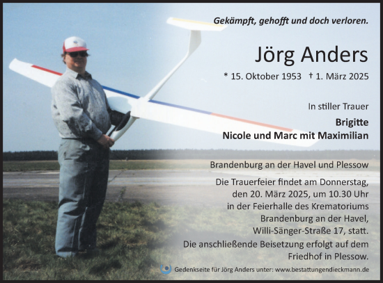 Traueranzeige von Jörg Anders von Märkische Oderzeitung