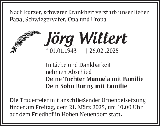 Traueranzeige von Jörg Willert von Märkische Oderzeitung