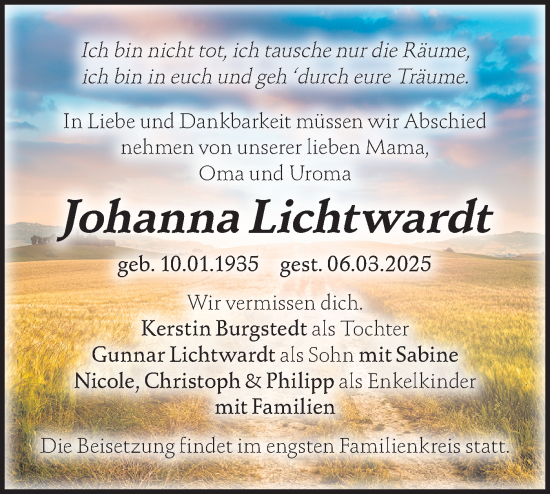 Traueranzeige von Johanna Lichtwardt von Märkische Oderzeitung