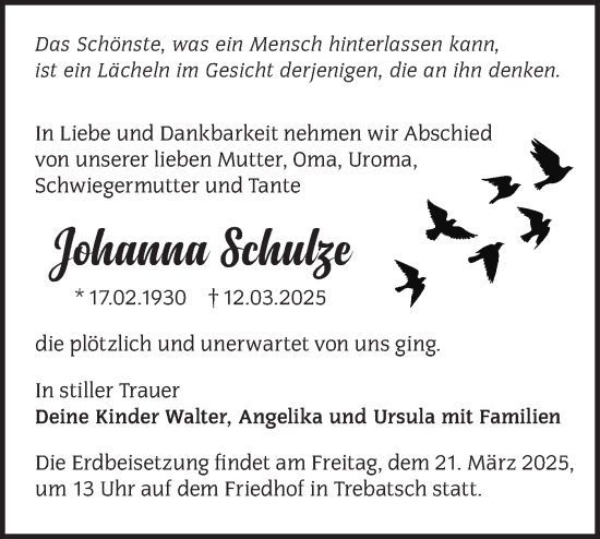 Traueranzeige von Johanna Schulze von Märkische Oderzeitung