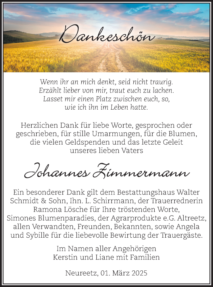  Traueranzeige für Johannes Zimmermann vom 22.03.2025 aus Märkische Oderzeitung