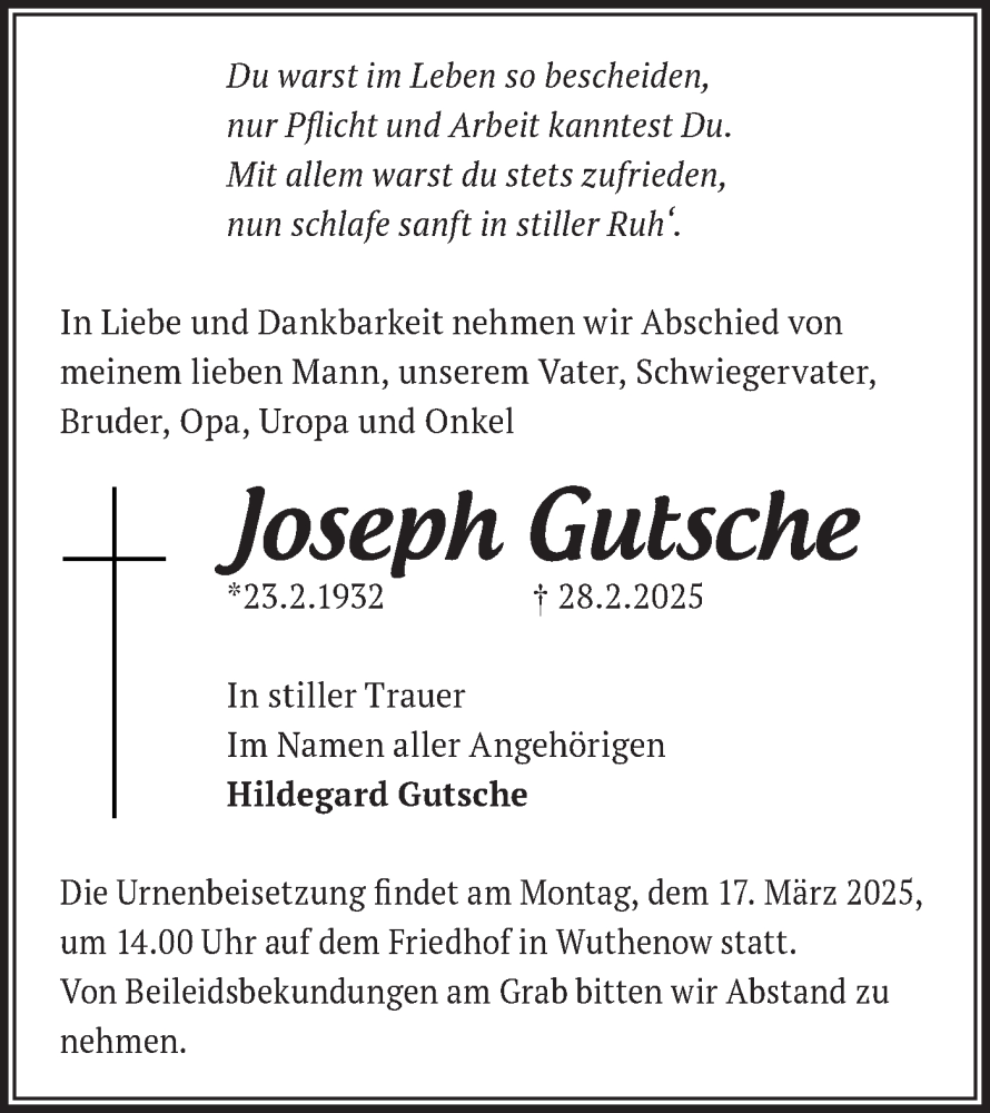  Traueranzeige für Joseph Gutsche vom 08.03.2025 aus Märkische Oderzeitung
