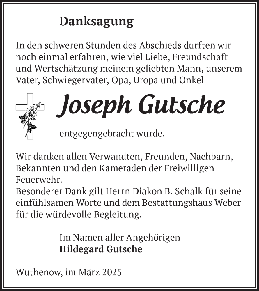  Traueranzeige für Joseph Gutsche vom 29.03.2025 aus Märkische Oderzeitung