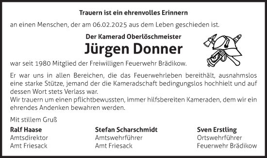 Traueranzeige von Jürgen Donner von Märkische Oderzeitung
