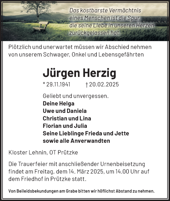 Traueranzeige von Jürgen Herzig von Märkische Oderzeitung