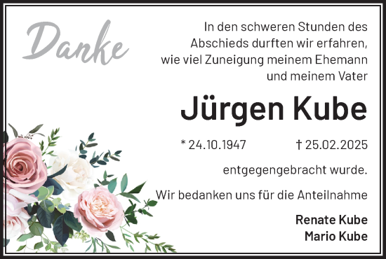 Traueranzeige von Jürgen Kube von Märkische Oderzeitung