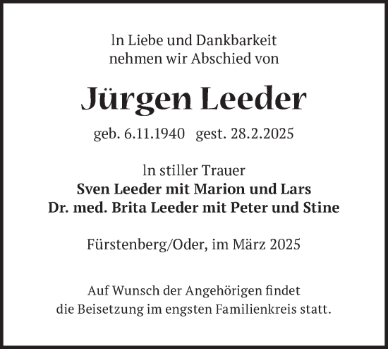 Traueranzeige von Jürgen Leeder von Märkische Oderzeitung
