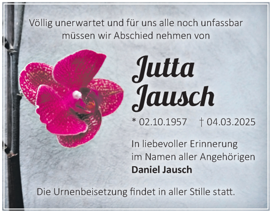 Traueranzeige von Jutta Jausch von Märkische Oderzeitung