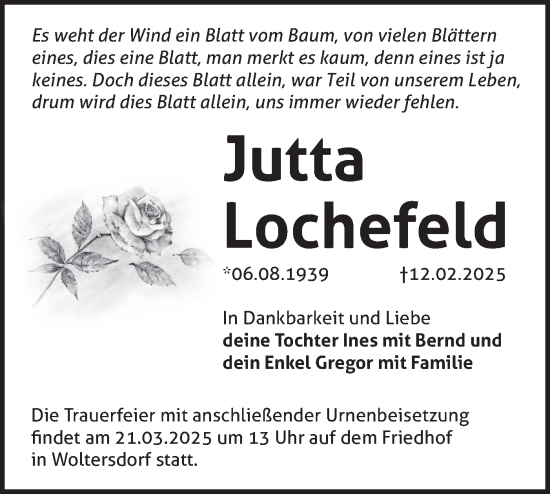 Traueranzeige von Jutta Lochefeld von Märkische Oderzeitung
