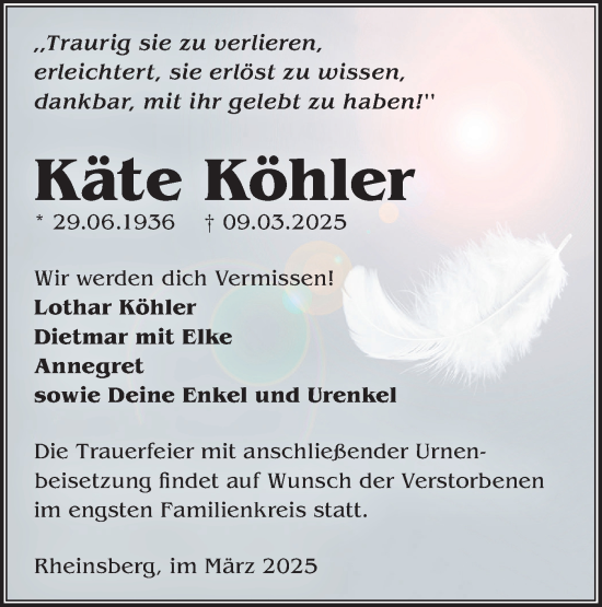 Traueranzeige von Käte Köhler von Märkische Oderzeitung