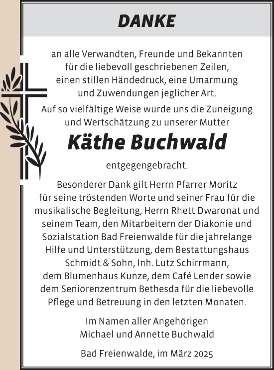 Traueranzeige von Käthe Buchwald von Märkische Oderzeitung