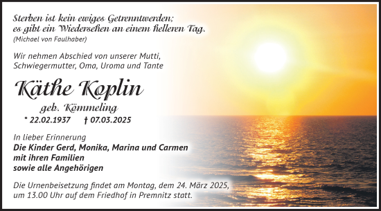 Traueranzeige von Käthe Koplin von Märkische Oderzeitung