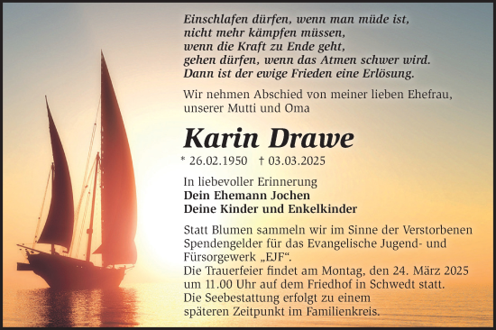 Traueranzeige von Karin Drawe von Märkische Oderzeitung