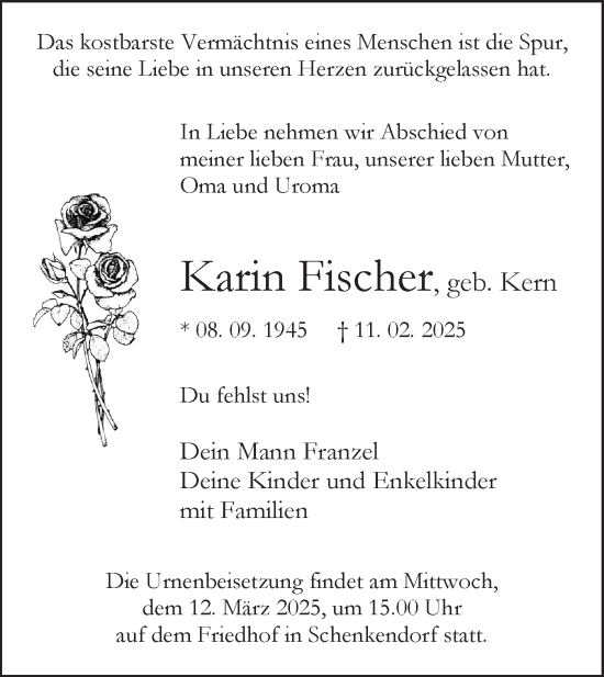 Traueranzeige von Karin Fischer von Märkische Oderzeitung