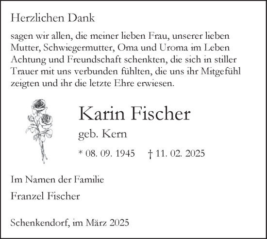 Traueranzeige von Karin Fischer von Märkische Oderzeitung