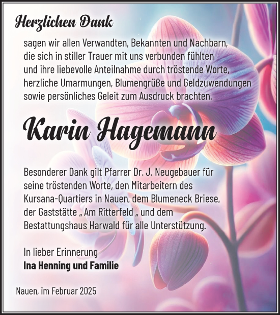 Traueranzeige von Karin Hagemann von Märkische Oderzeitung
