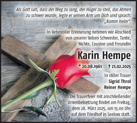 Traueranzeige von Karin Hempe von Märkische Oderzeitung